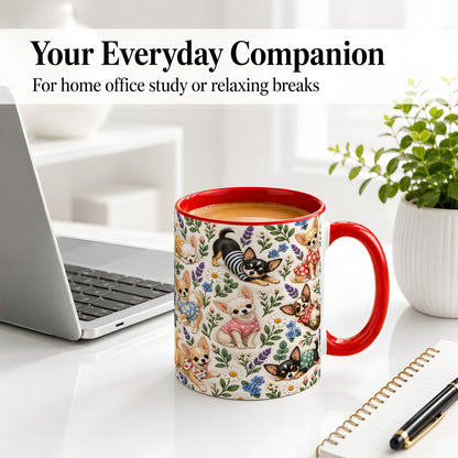 #pl[11oz|Red] Floral Chihuahua Accent Mug, Ceramic Mug with Botanical Dog Art