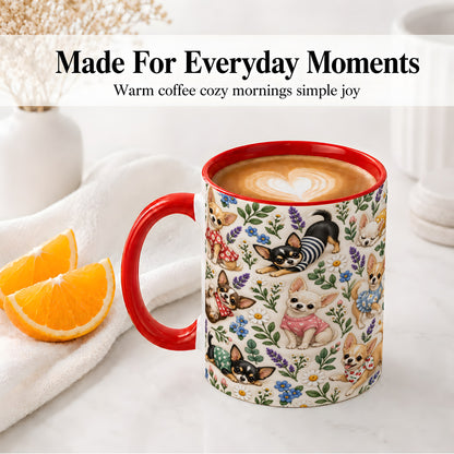 #pl[11oz|Red] Floral Chihuahua Accent Mug, Ceramic Mug with Botanical Dog Art