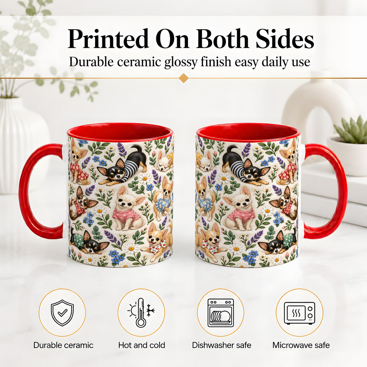 #pl[11oz|Red] Floral Chihuahua Accent Mug, Ceramic Mug with Botanical Dog Art