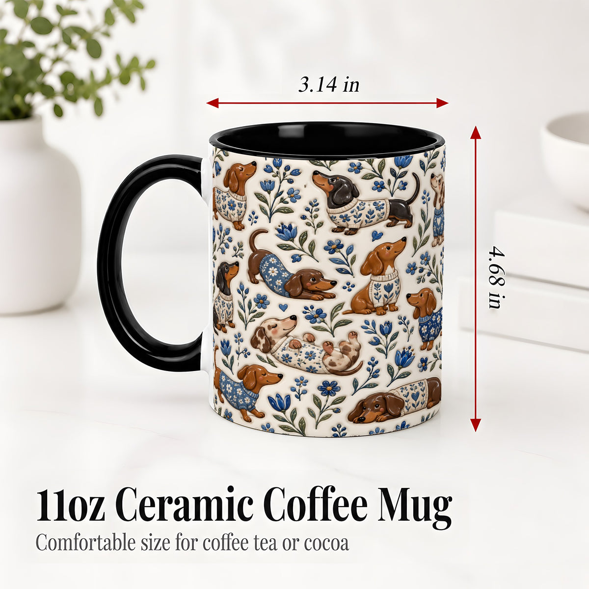 #pl[11oz|Black] Blue Floral Dachshund Accent Mug, Ceramic Mug with Dog Artwork