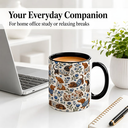 #pl[11oz|Black] Blue Floral Dachshund Accent Mug, Ceramic Mug with Dog Artwork