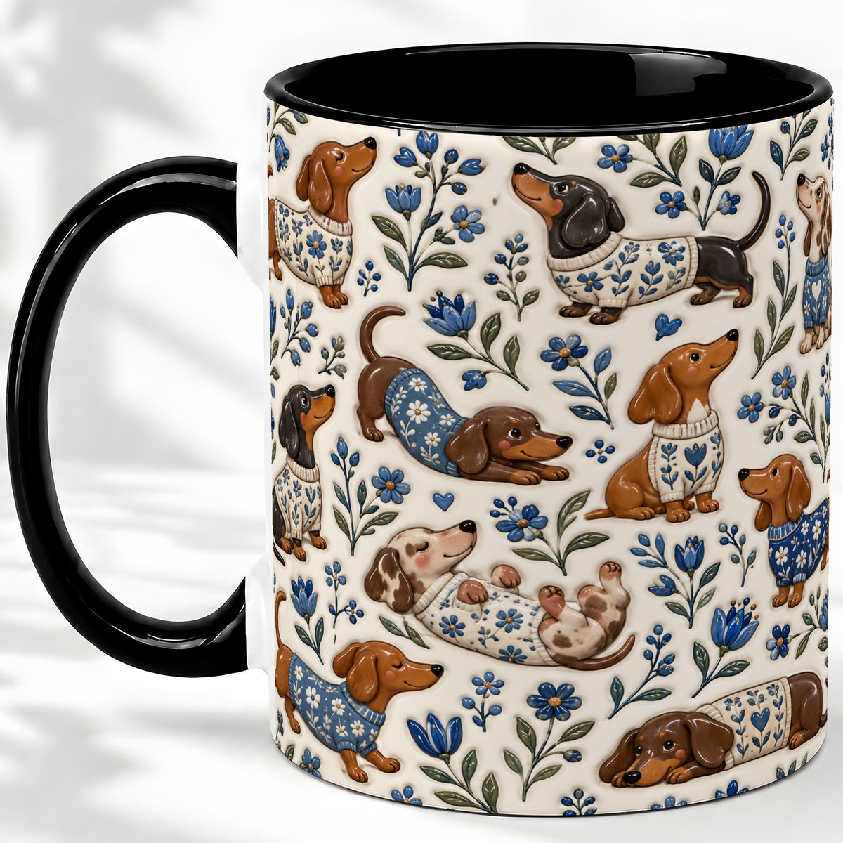 #pl[11oz|Black] Blue Floral Dachshund Accent Mug, Ceramic Mug with Dog Artwork
