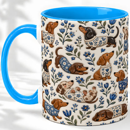 #pl[11oz|Blue] Blue Floral Dachshund Accent Mug, Ceramic Mug with Dog Artwork