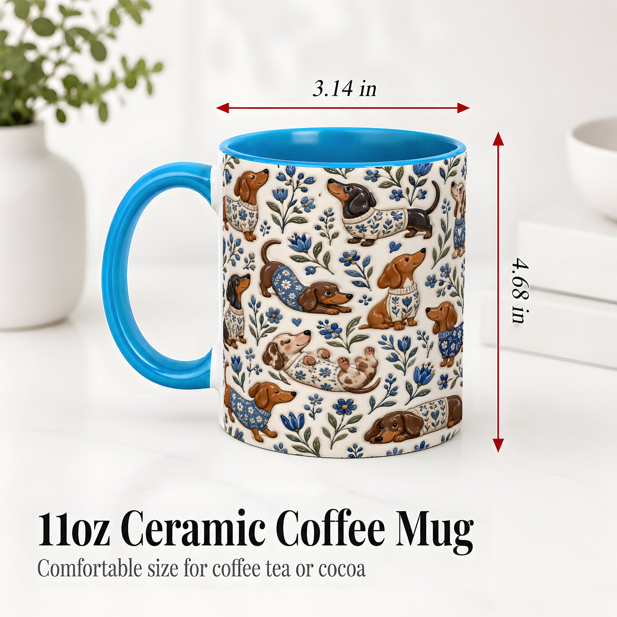 #pl[11oz|Blue] Blue Floral Dachshund Accent Mug, Ceramic Mug with Dog Artwork