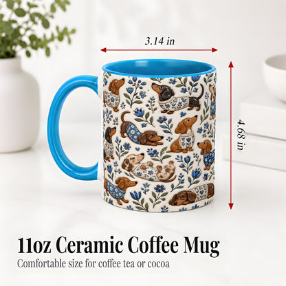 #pl[11oz|Blue] Blue Floral Dachshund Accent Mug, Ceramic Mug with Dog Artwork