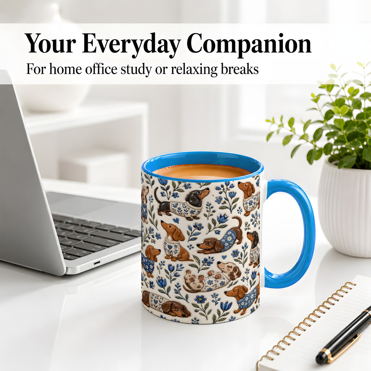 #pl[11oz|Blue] Blue Floral Dachshund Accent Mug, Ceramic Mug with Dog Artwork
