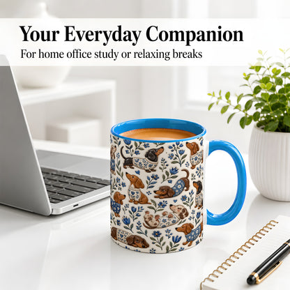 #pl[11oz|Blue] Blue Floral Dachshund Accent Mug, Ceramic Mug with Dog Artwork