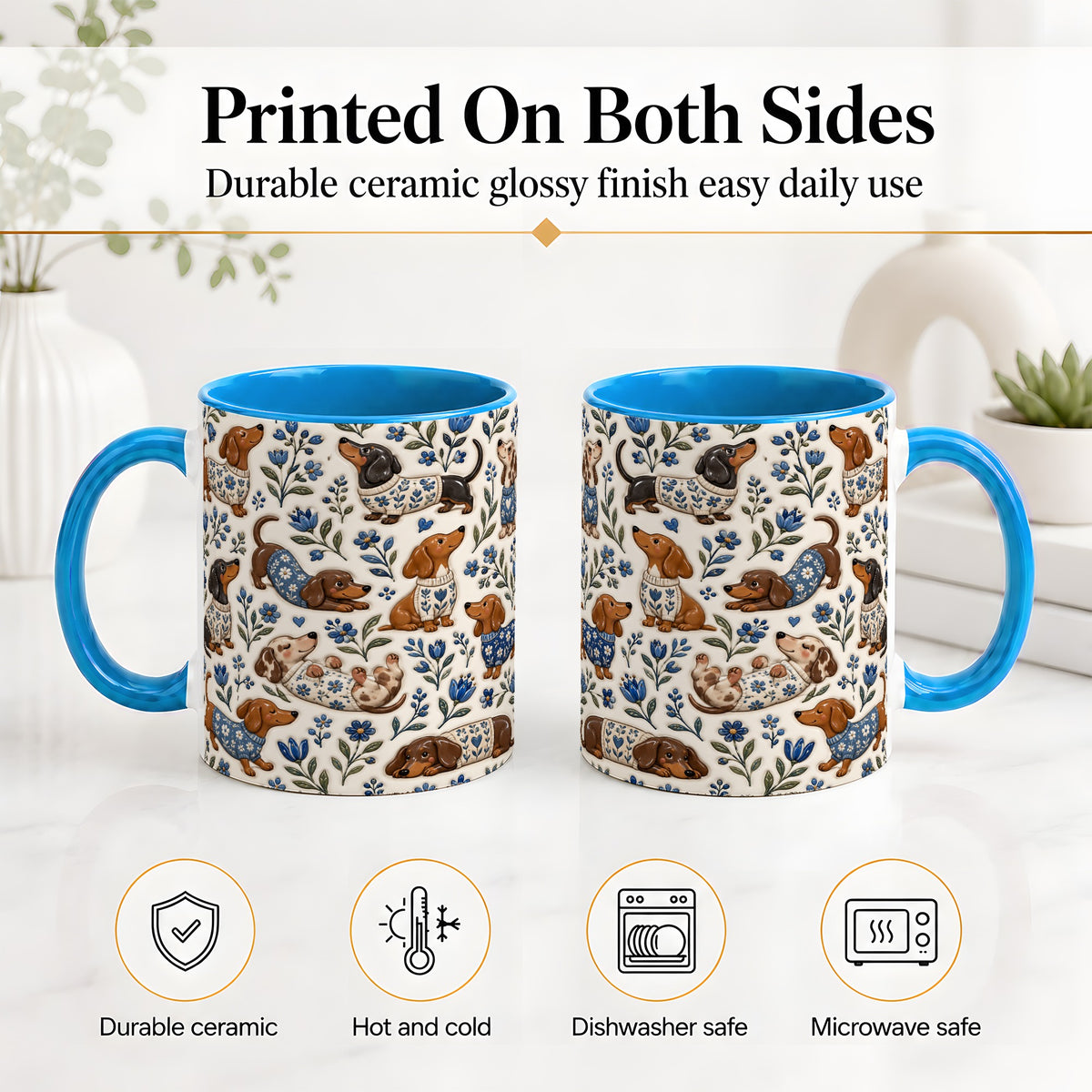#pl[11oz|Blue] Blue Floral Dachshund Accent Mug, Ceramic Mug with Dog Artwork