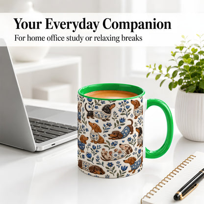 #pl[11oz|Green] Blue Floral Dachshund Accent Mug, Ceramic Mug with Dog Artwork