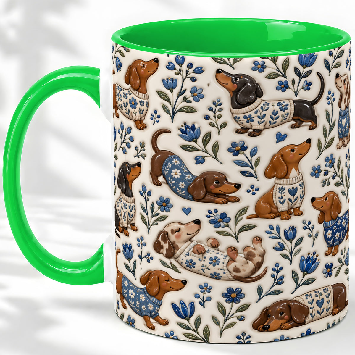 #pl[11oz|Green] Blue Floral Dachshund Accent Mug, Ceramic Mug with Dog Artwork
