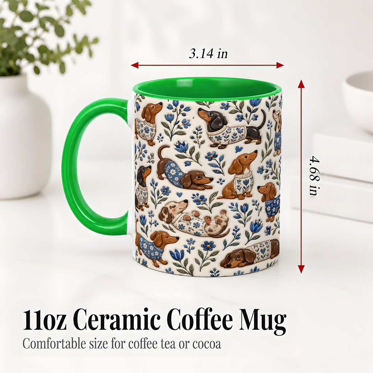 #pl[11oz|Green] Blue Floral Dachshund Accent Mug, Ceramic Mug with Dog Artwork
