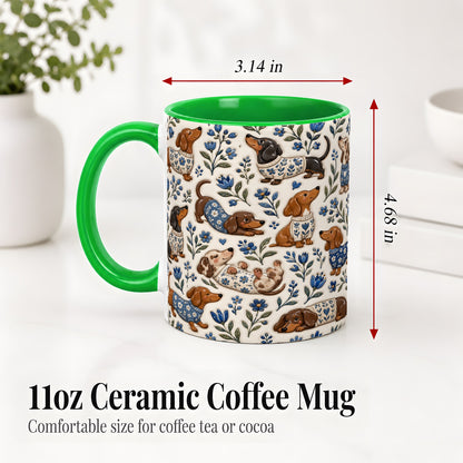 #pl[11oz|Green] Blue Floral Dachshund Accent Mug, Ceramic Mug with Dog Artwork