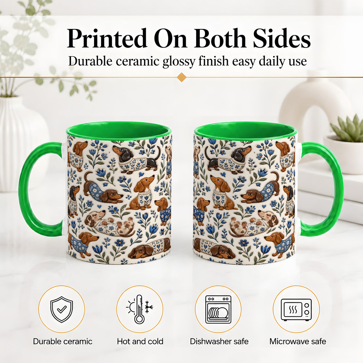 #pl[11oz|Green] Blue Floral Dachshund Accent Mug, Ceramic Mug with Dog Artwork