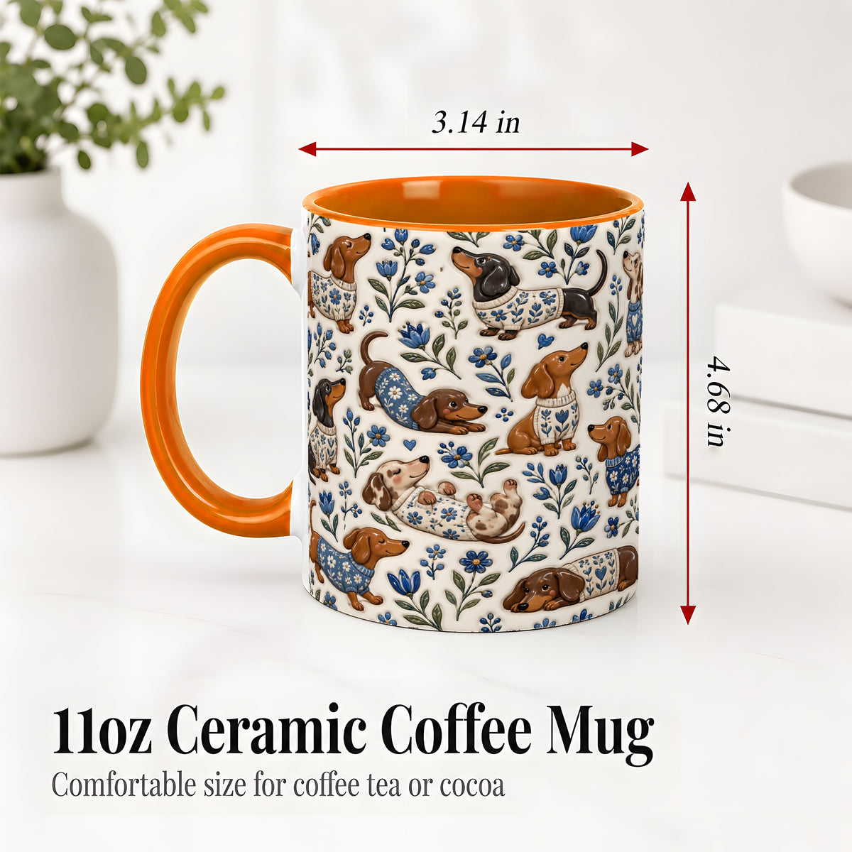 #pl[11oz|Orange] Blue Floral Dachshund Accent Mug, Ceramic Mug with Dog Artwork