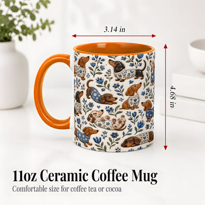 #pl[11oz|Orange] Blue Floral Dachshund Accent Mug, Ceramic Mug with Dog Artwork
