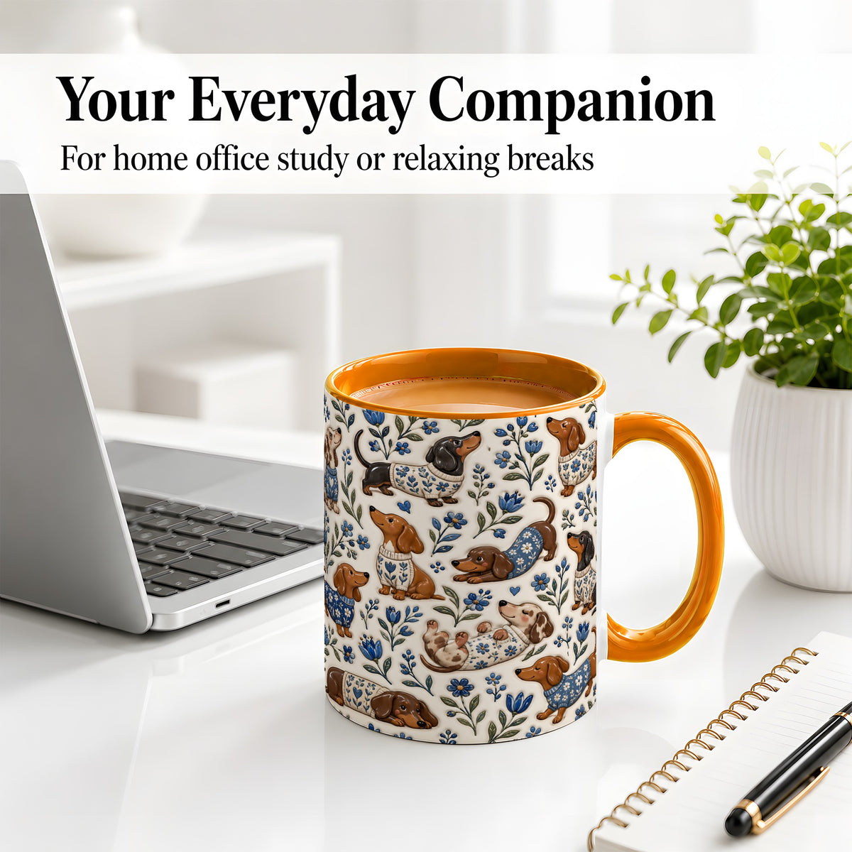#pl[11oz|Orange] Blue Floral Dachshund Accent Mug, Ceramic Mug with Dog Artwork