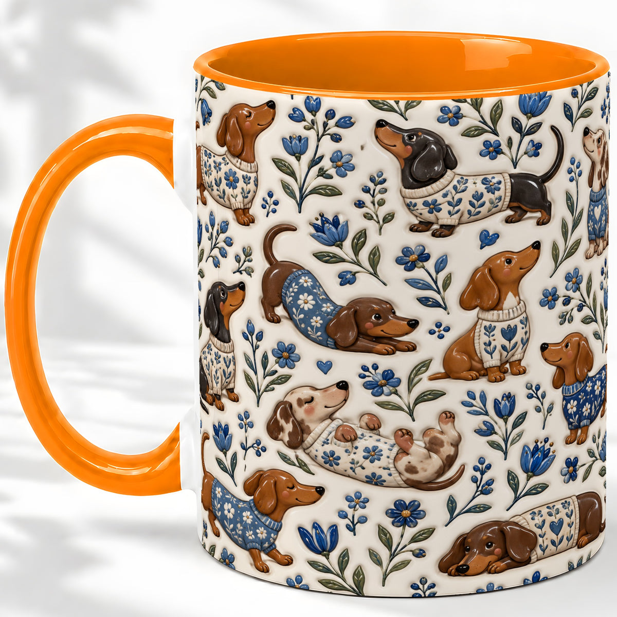 #pl[11oz|Orange] Blue Floral Dachshund Accent Mug, Ceramic Mug with Dog Artwork
