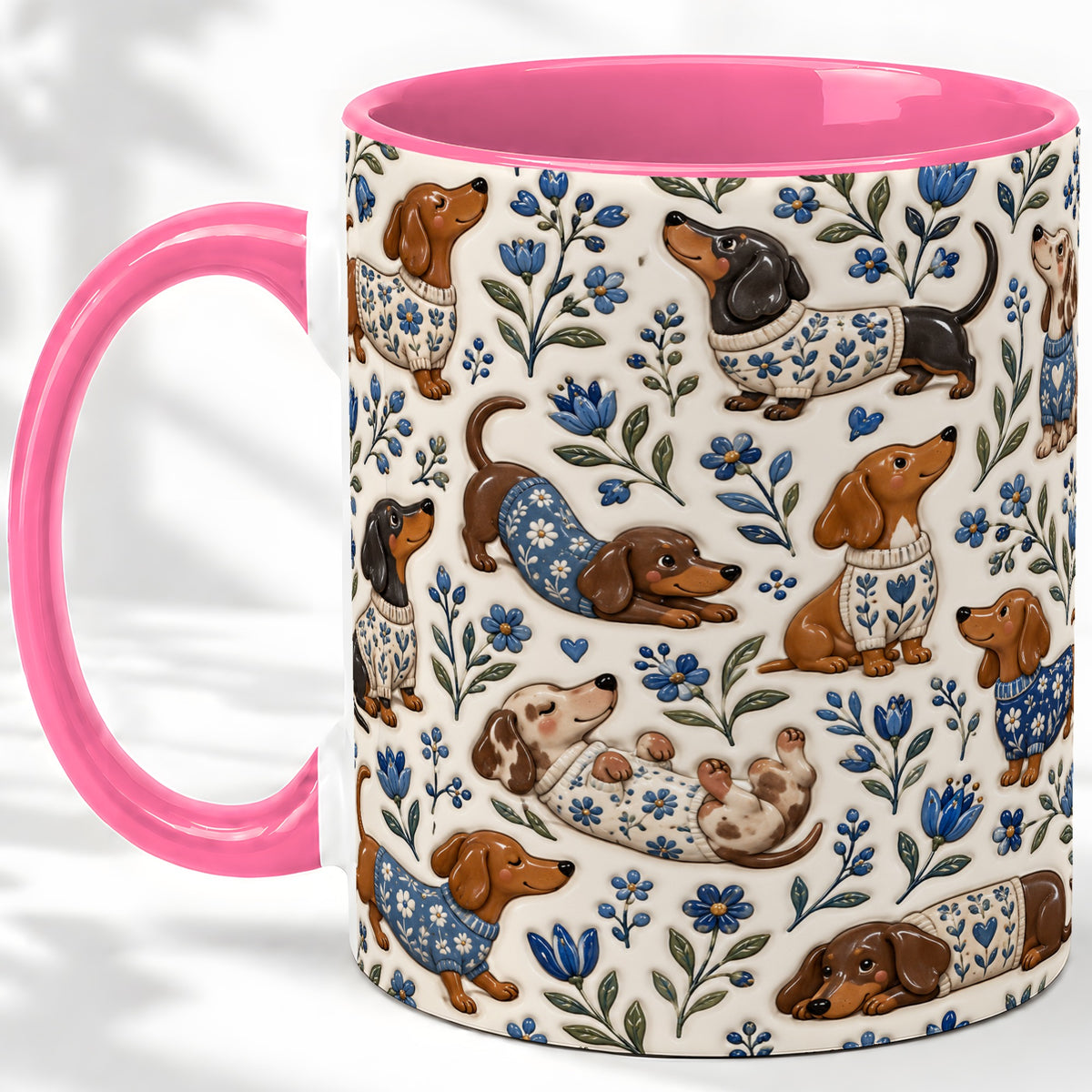 #pl[11oz|Pink] Blue Floral Dachshund Accent Mug, Ceramic Mug with Dog Artwork