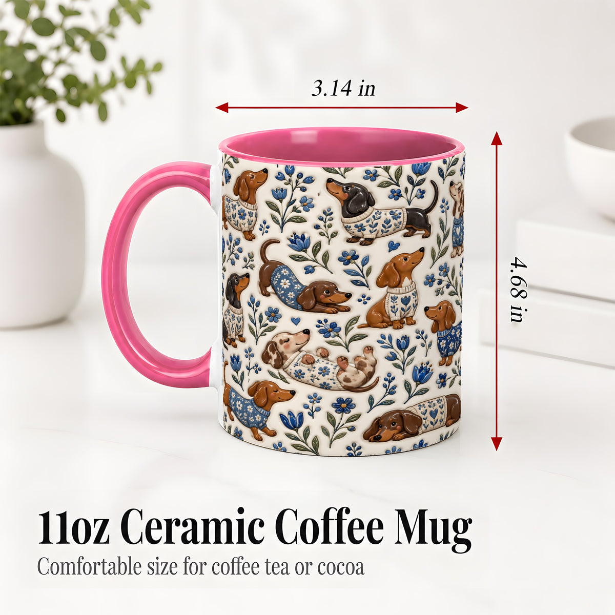 #pl[11oz|Pink] Blue Floral Dachshund Accent Mug, Ceramic Mug with Dog Artwork