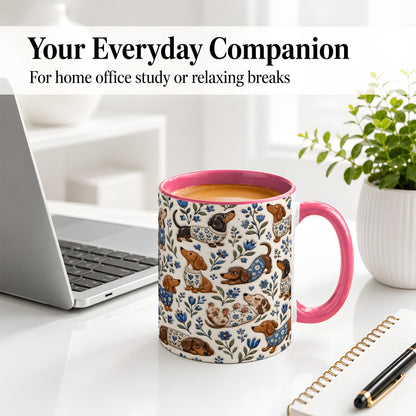 #pl[11oz|Pink] Blue Floral Dachshund Accent Mug, Ceramic Mug with Dog Artwork