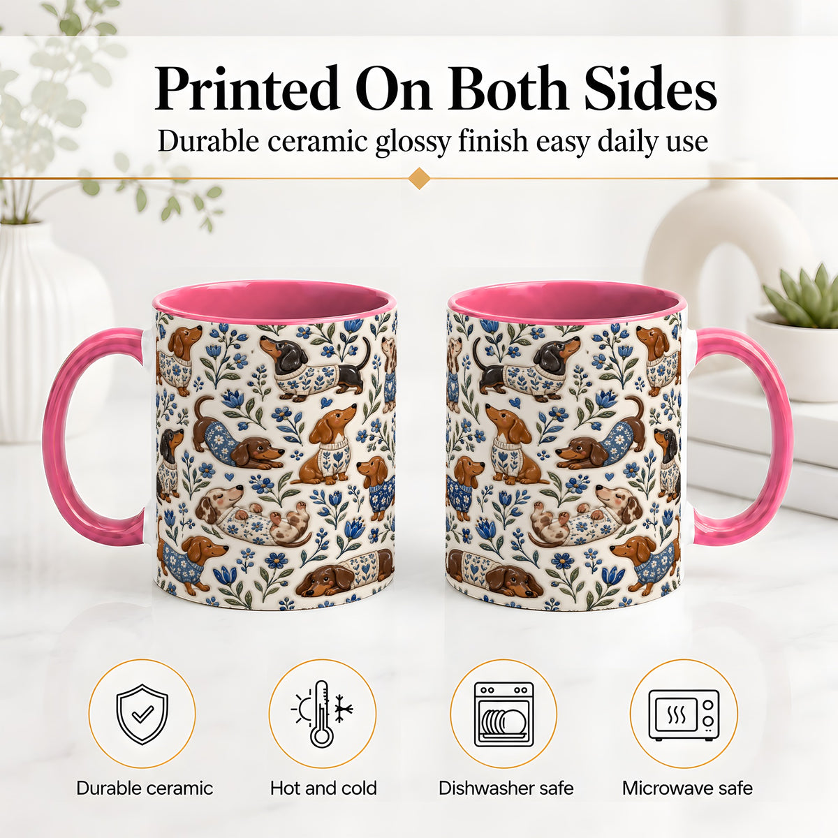 #pl[11oz|Pink] Blue Floral Dachshund Accent Mug, Ceramic Mug with Dog Artwork