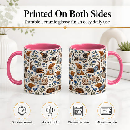 #pl[11oz|Pink] Blue Floral Dachshund Accent Mug, Ceramic Mug with Dog Artwork