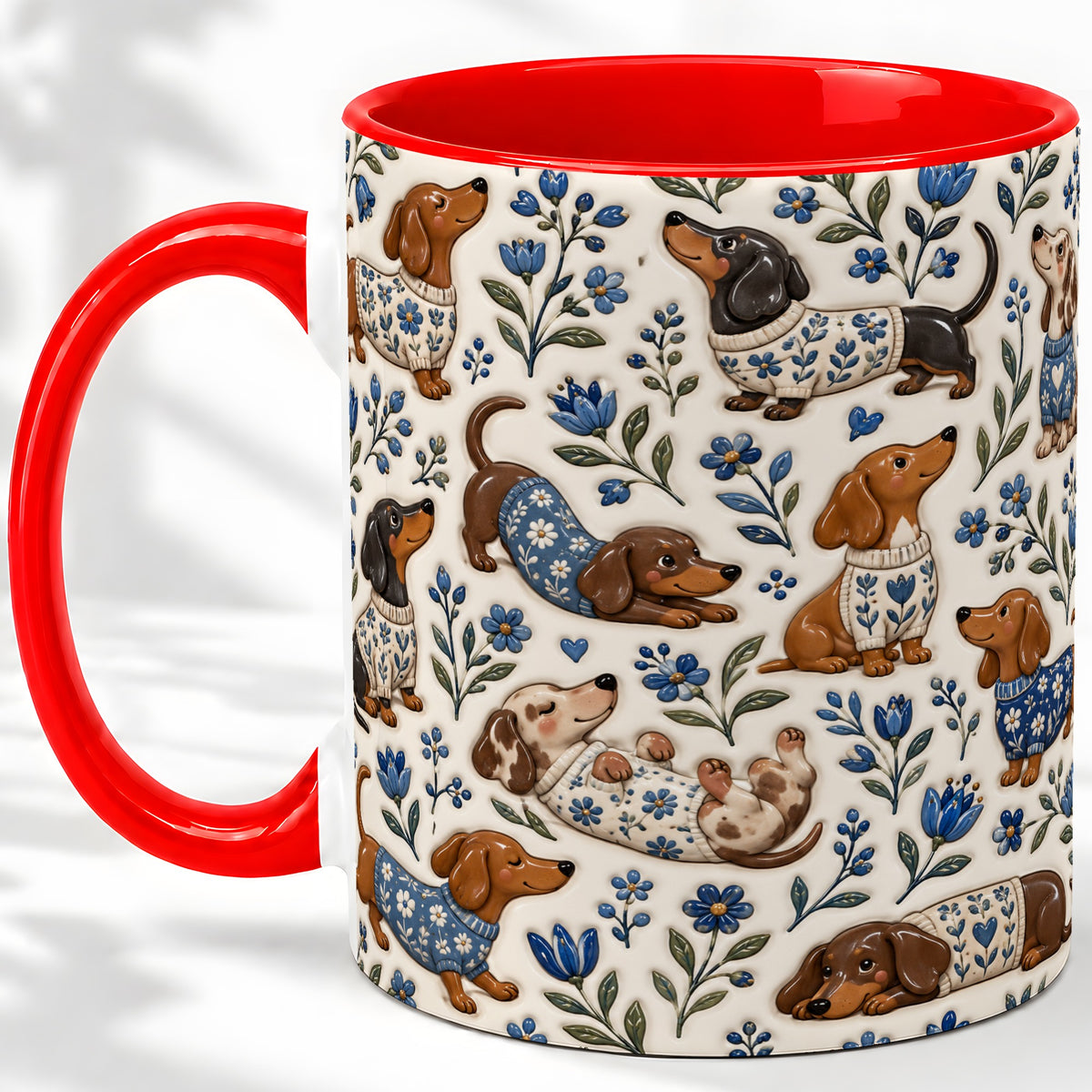 Blue Floral Dachshund Accent Mug, Ceramic Mug with Dog Artwork