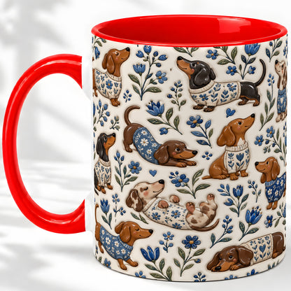 Blue Floral Dachshund Accent Mug, Ceramic Mug with Dog Artwork