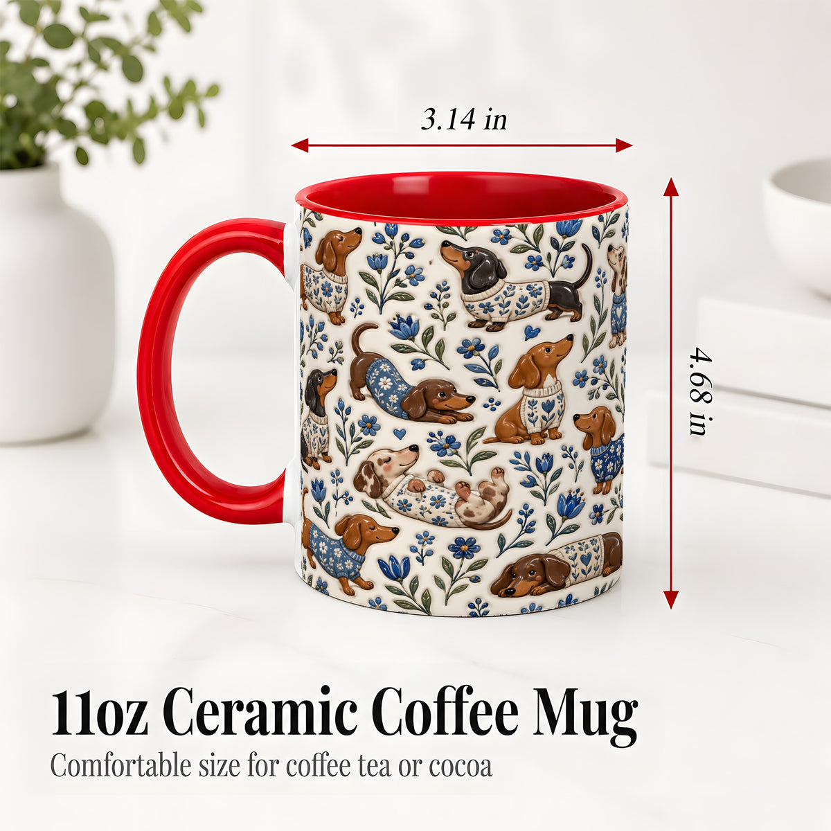 #pl[11oz|Red] Blue Floral Dachshund Accent Mug, Ceramic Mug with Dog Artwork