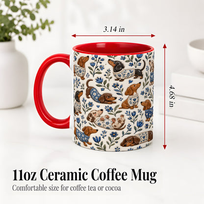 #pl[11oz|Red] Blue Floral Dachshund Accent Mug, Ceramic Mug with Dog Artwork
