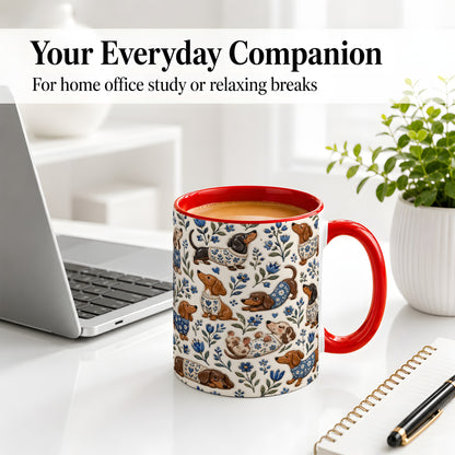 #pl[11oz|Red] Blue Floral Dachshund Accent Mug, Ceramic Mug with Dog Artwork