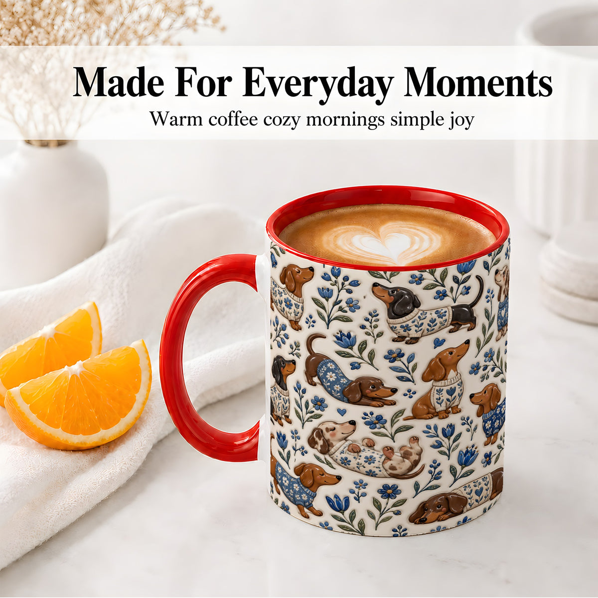 #pl[11oz|Red] Blue Floral Dachshund Accent Mug, Ceramic Mug with Dog Artwork