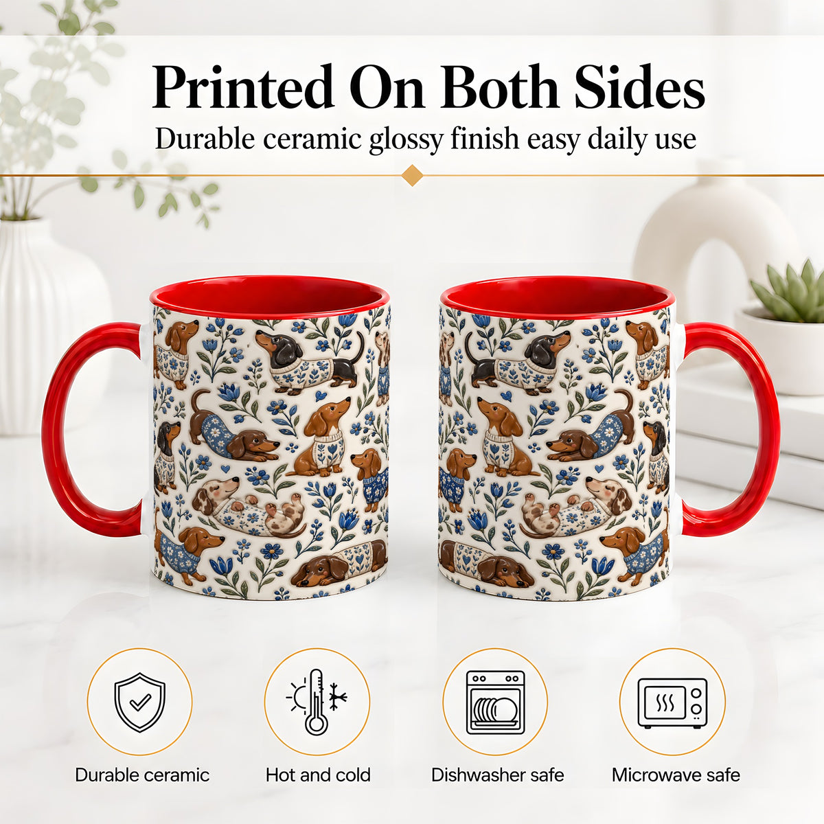 #pl[11oz|Red] Blue Floral Dachshund Accent Mug, Ceramic Mug with Dog Artwork