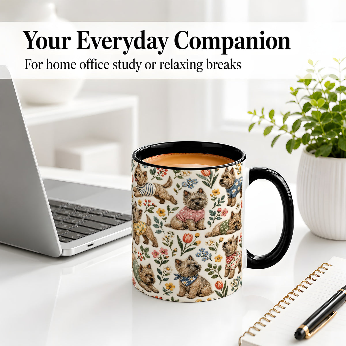 #pl[11oz|Black] Floral Terrier Accent Mug, Ceramic Mug with Botanical Dog Artwork