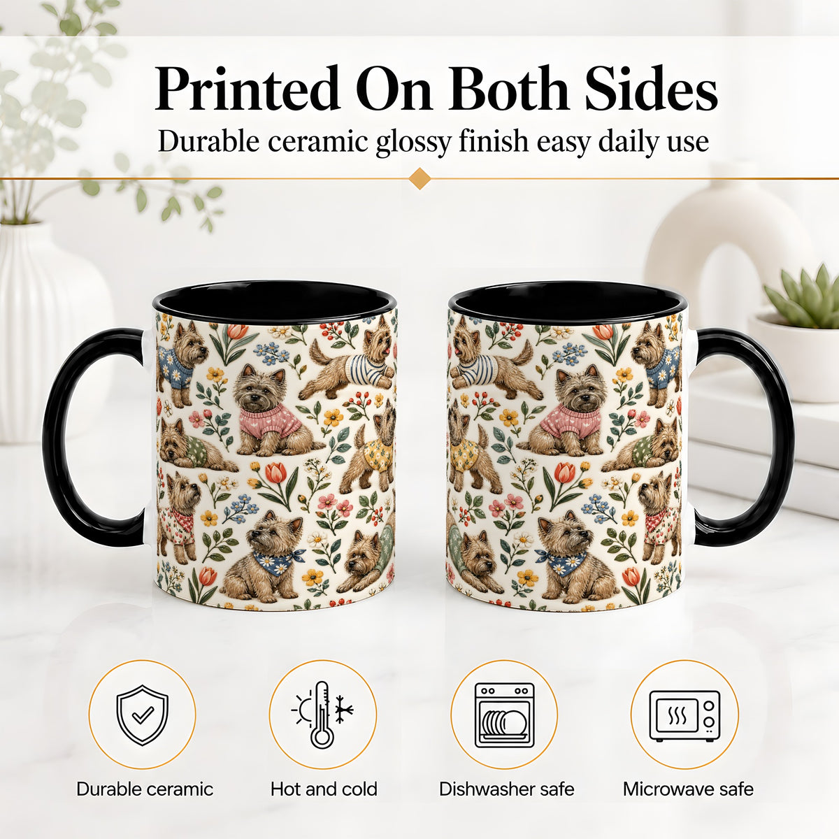 #pl[11oz|Black] Floral Terrier Accent Mug, Ceramic Mug with Botanical Dog Artwork