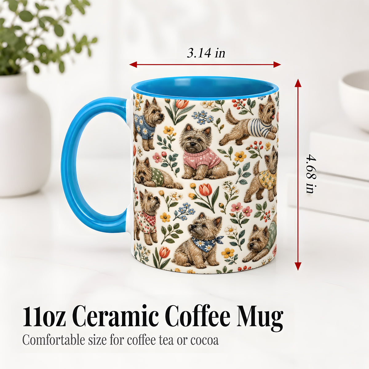#pl[11oz|Blue] Floral Terrier Accent Mug, Ceramic Mug with Botanical Dog Artwork