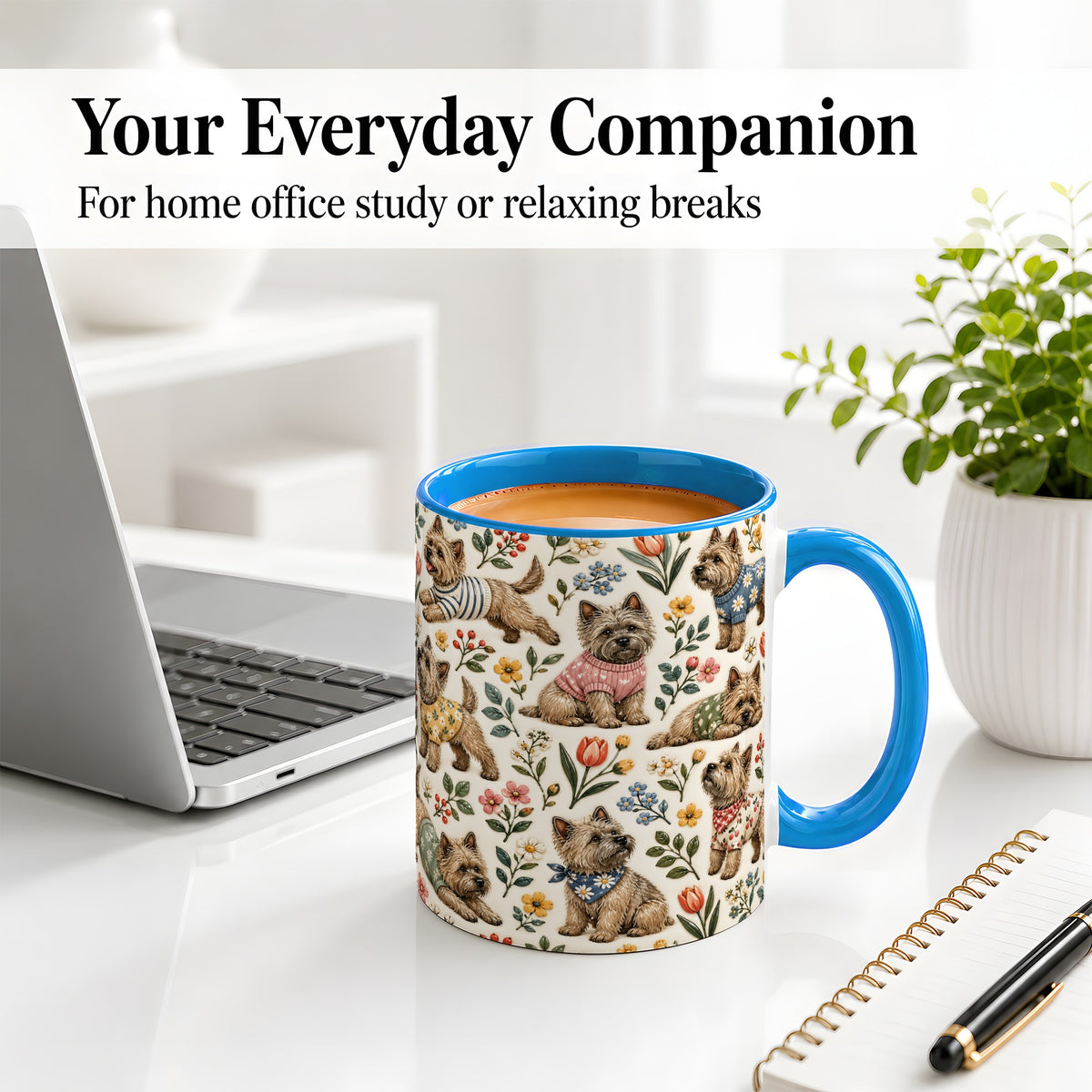 #pl[11oz|Blue] Floral Terrier Accent Mug, Ceramic Mug with Botanical Dog Artwork