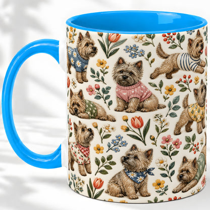 #pl[11oz|Blue] Floral Terrier Accent Mug, Ceramic Mug with Botanical Dog Artwork