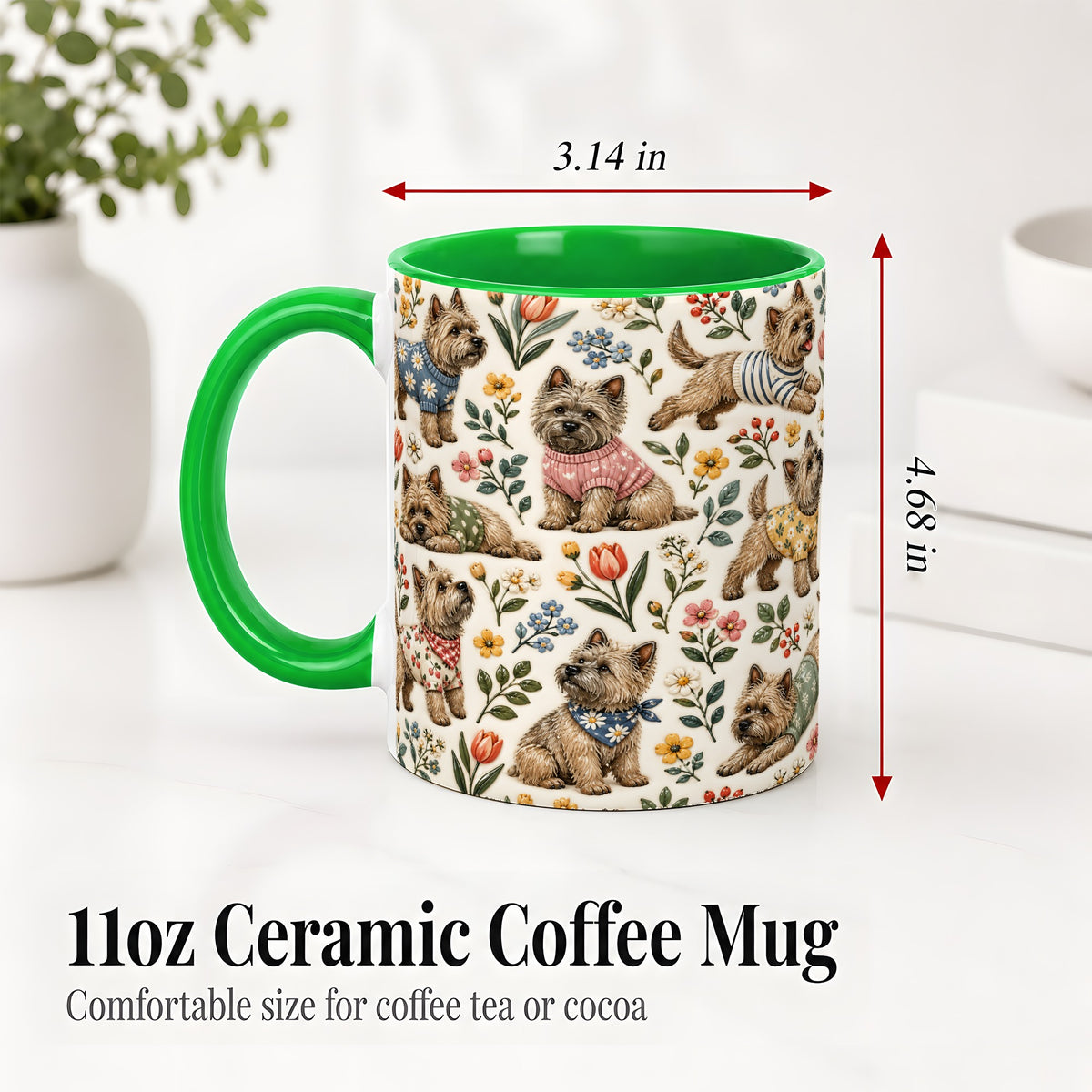 #pl[11oz|Green] Floral Terrier Accent Mug, Ceramic Mug with Botanical Dog Artwork