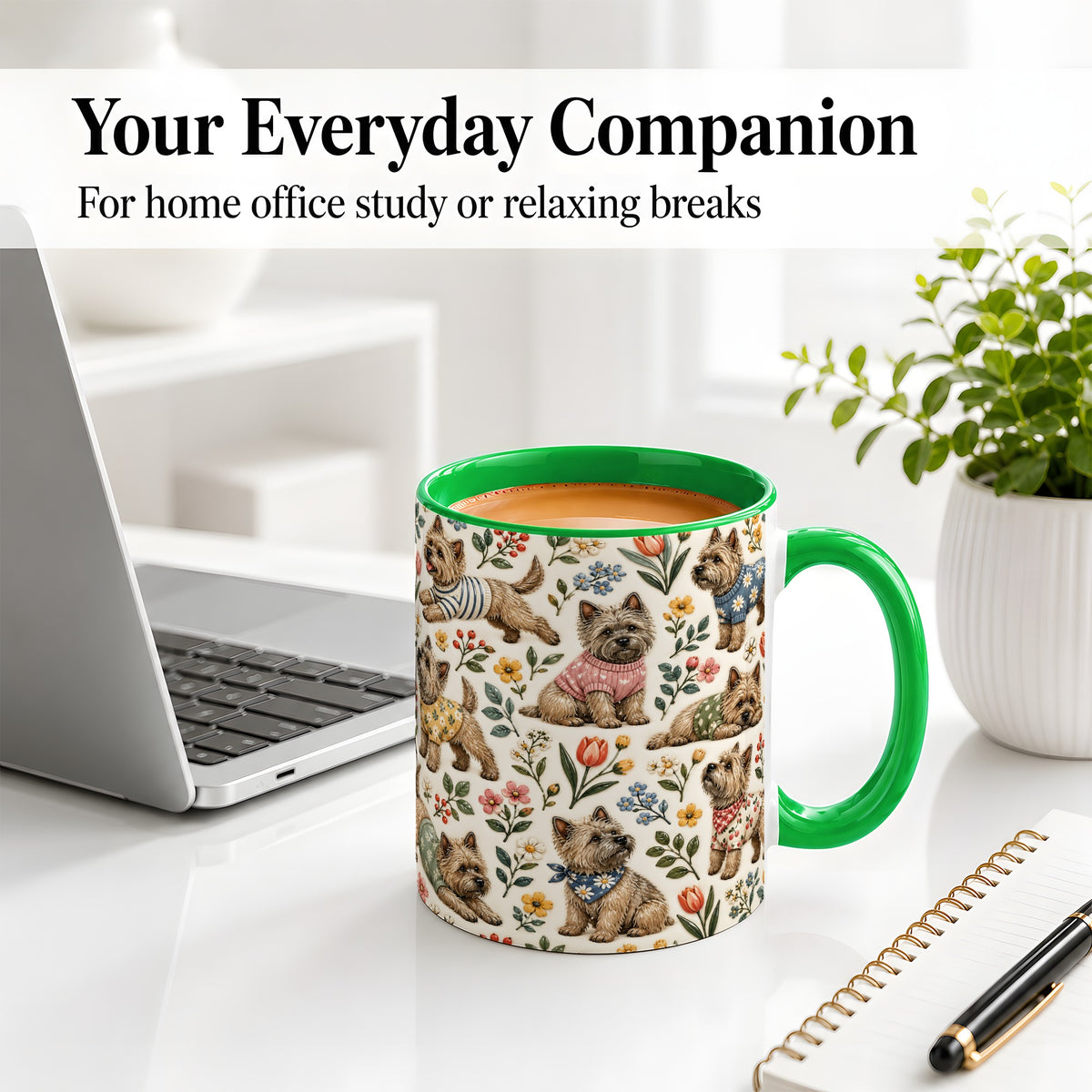 #pl[11oz|Green] Floral Terrier Accent Mug, Ceramic Mug with Botanical Dog Artwork