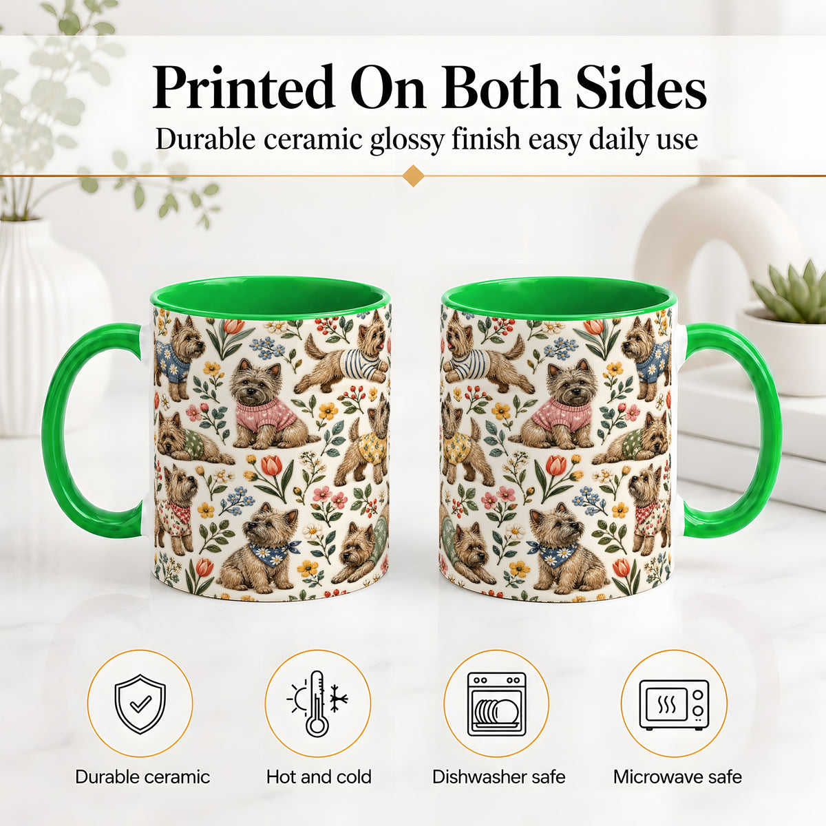 #pl[11oz|Green] Floral Terrier Accent Mug, Ceramic Mug with Botanical Dog Artwork