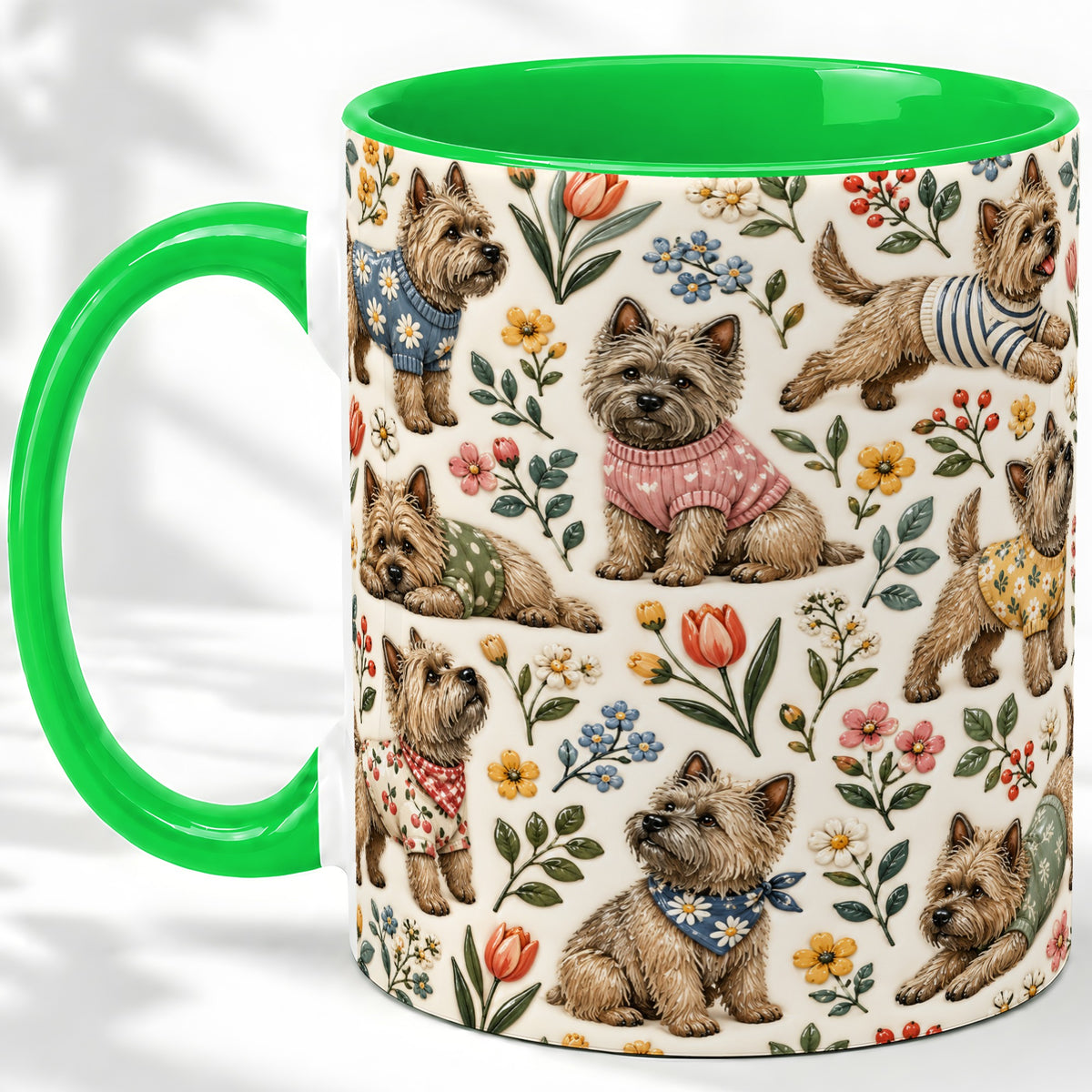 #pl[11oz|Green] Floral Terrier Accent Mug, Ceramic Mug with Botanical Dog Artwork
