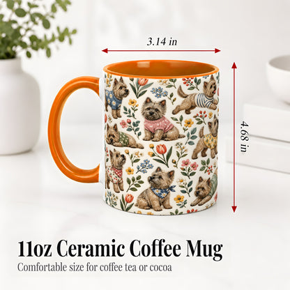 #pl[11oz|Orange] Floral Terrier Accent Mug, Ceramic Mug with Botanical Dog Artwork