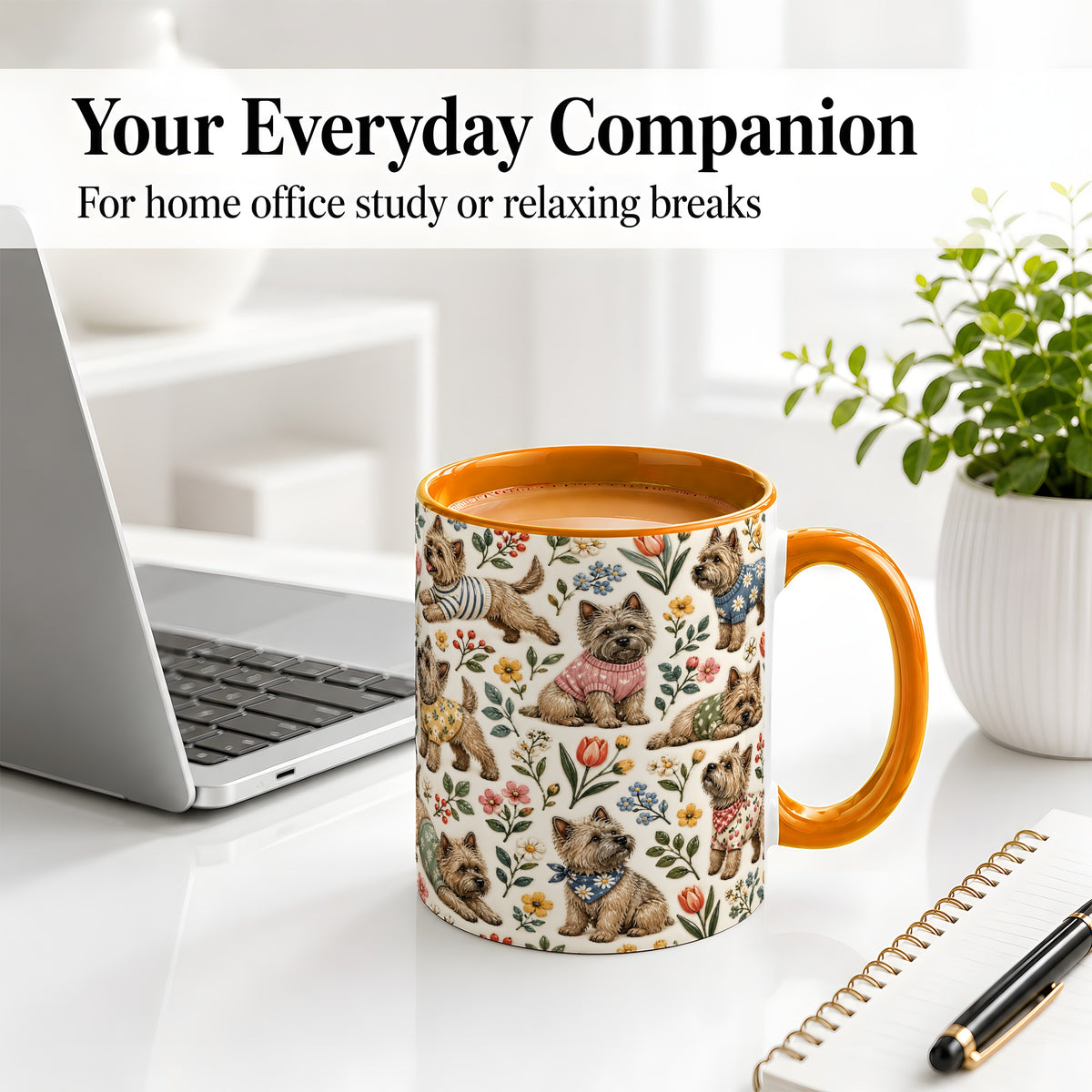 #pl[11oz|Orange] Floral Terrier Accent Mug, Ceramic Mug with Botanical Dog Artwork