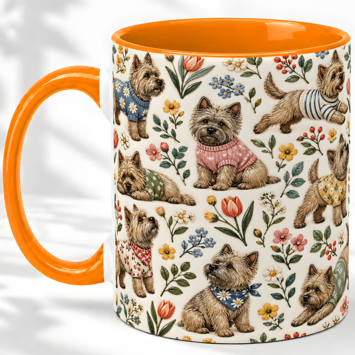 #pl[11oz|Orange] Floral Terrier Accent Mug, Ceramic Mug with Botanical Dog Artwork