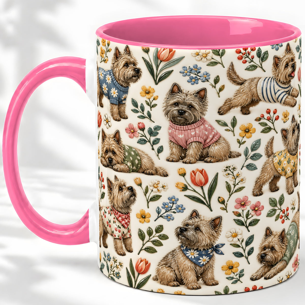 #pl[11oz|Pink] Floral Terrier Accent Mug, Ceramic Mug with Botanical Dog Artwork