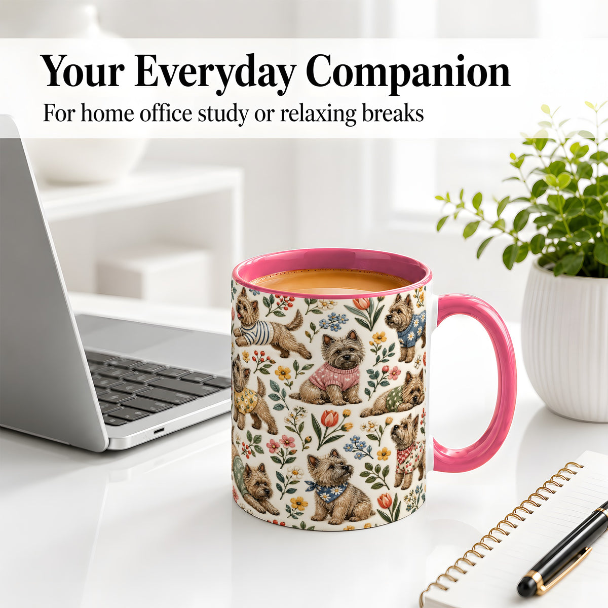 #pl[11oz|Pink] Floral Terrier Accent Mug, Ceramic Mug with Botanical Dog Artwork