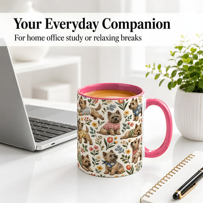 #pl[11oz|Pink] Floral Terrier Accent Mug, Ceramic Mug with Botanical Dog Artwork