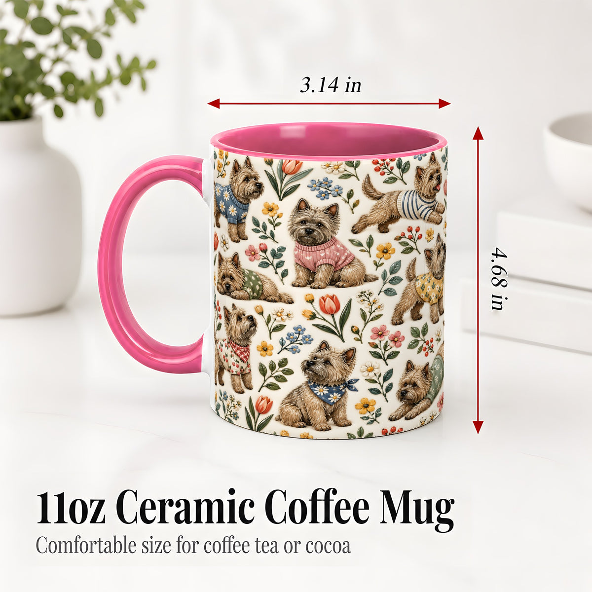 #pl[11oz|Pink] Floral Terrier Accent Mug, Ceramic Mug with Botanical Dog Artwork