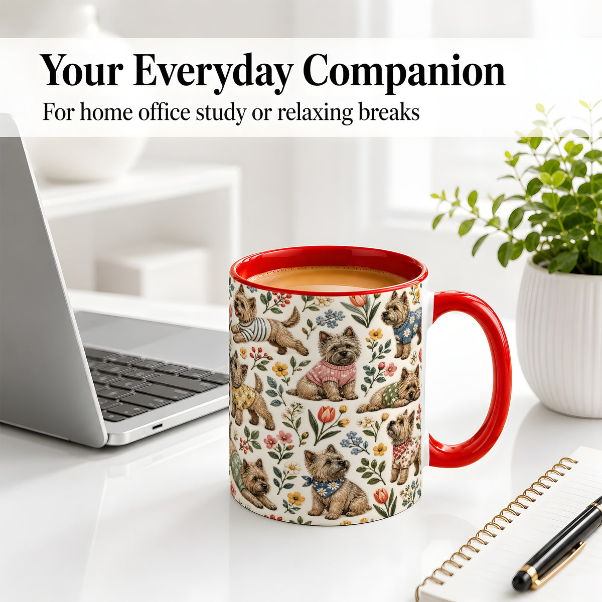 #pl[11oz|Red] Floral Terrier Accent Mug, Ceramic Mug with Botanical Dog Artwork